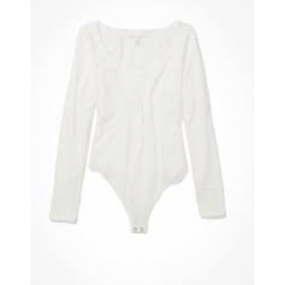 AMERICAN EAGLE White Thong WhiteStretchy Ribbed Long Sleeve Scoop Neck Bodysuit